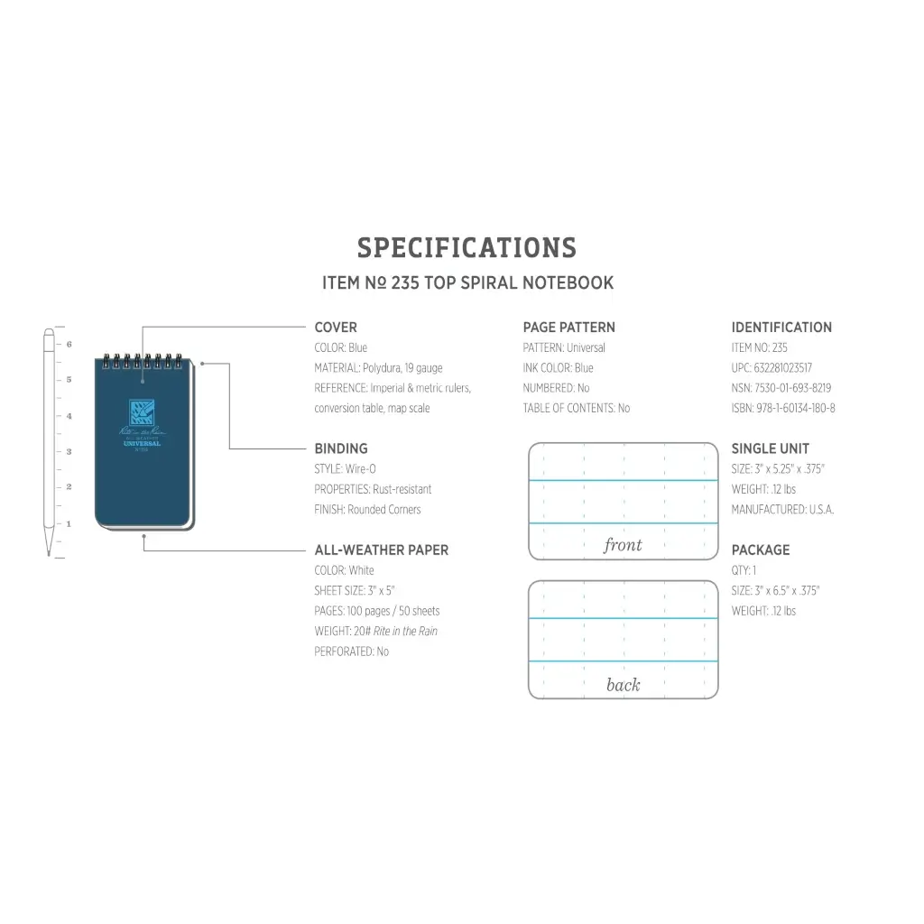 Rite in the Rain - 3" x 5" Pocket Notebook - Top Spiral - Blue - Image 3