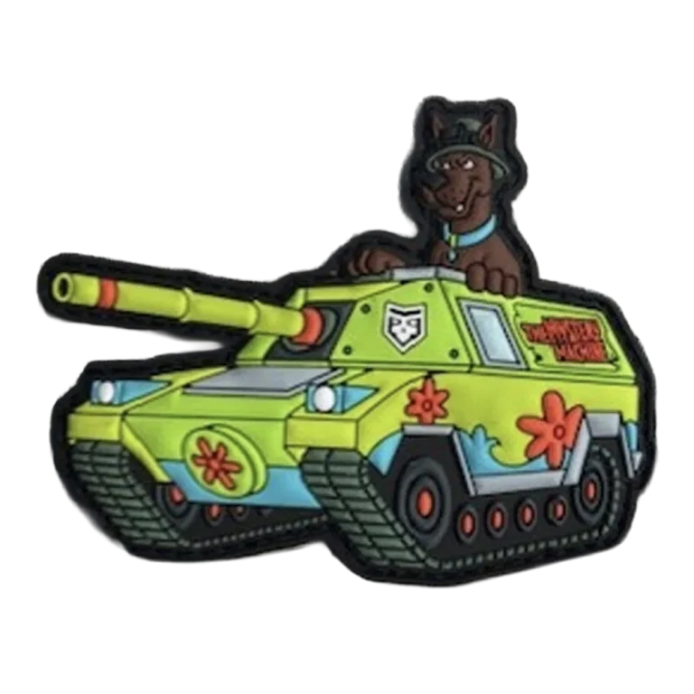 Scooby Doobie Pew: Tank PVC Morale Patch 3” multidimensional PVC with Velcro style hooks sewn on the back, includes matching adhesive-backed loop piece