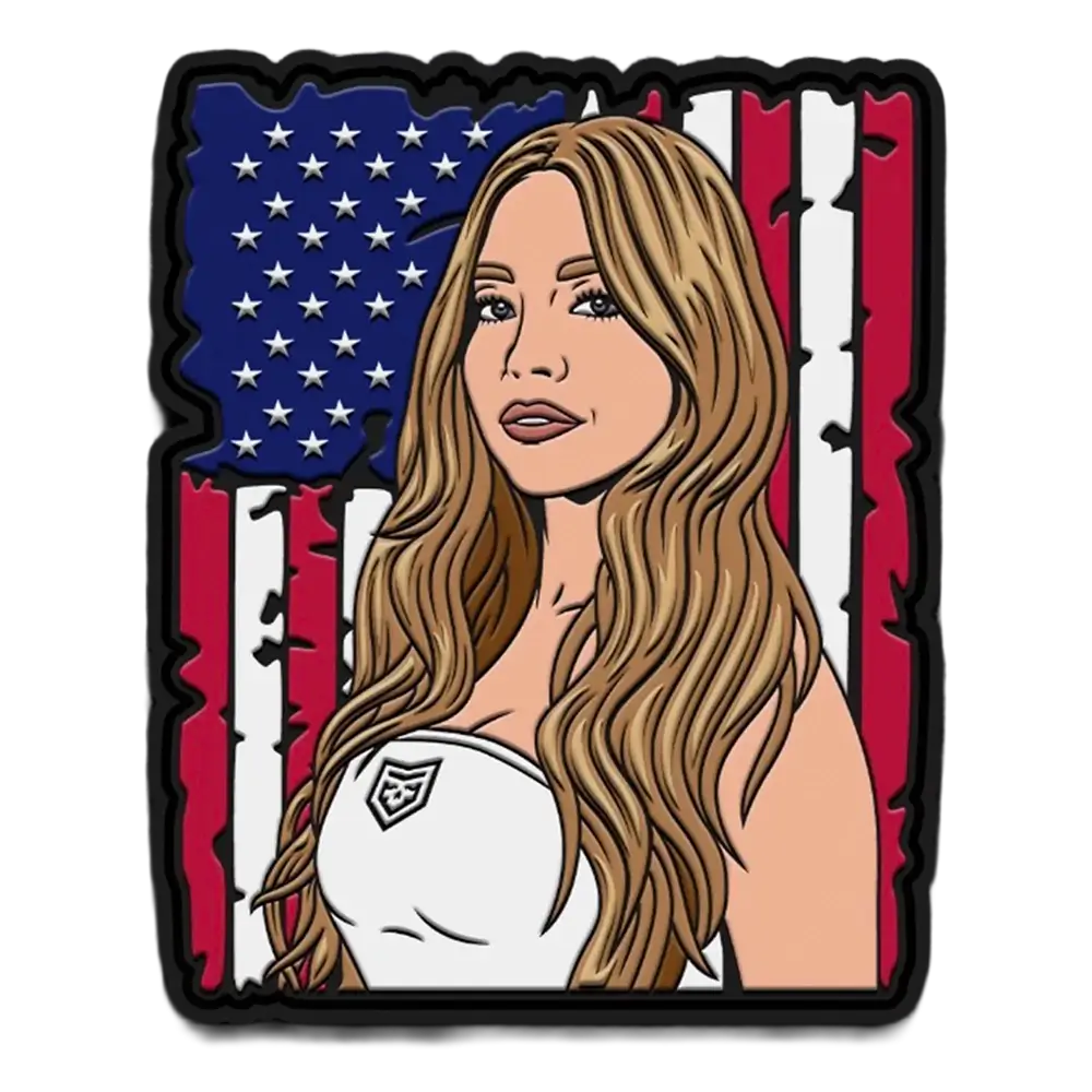 Sydney Sweeney with American flag background