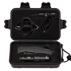 Browning 3220288 Outdoorsman Survival Kit 3.50" Folding Drop Point Plain Black Stonewashed 8Cr13MoV SS Blade/Black G10 Handle Includes Storage Case/Flashlight/Wire Saw/Fire Flint/Compass/Whistle