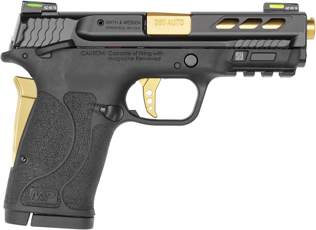 Smith & Wesson 12719 Performance Center M&P Shield EZ M2.0 380 ACP 3.80" 8+1 Black Black Armornite Stainless Steel Slide Black Polymer Grip Gold Colored Accents