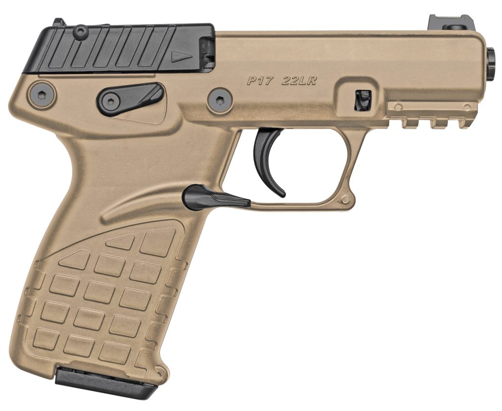 Kel-Tec P17BTAN P17  Compact Frame 22 LR 16+1 3.80" Black Steel Threaded Barrel, Tan Serrated Slide, Tan w/Black Controls Polymer Frame w/Picatinny Rail, Textured Grip, Ambidextrous
