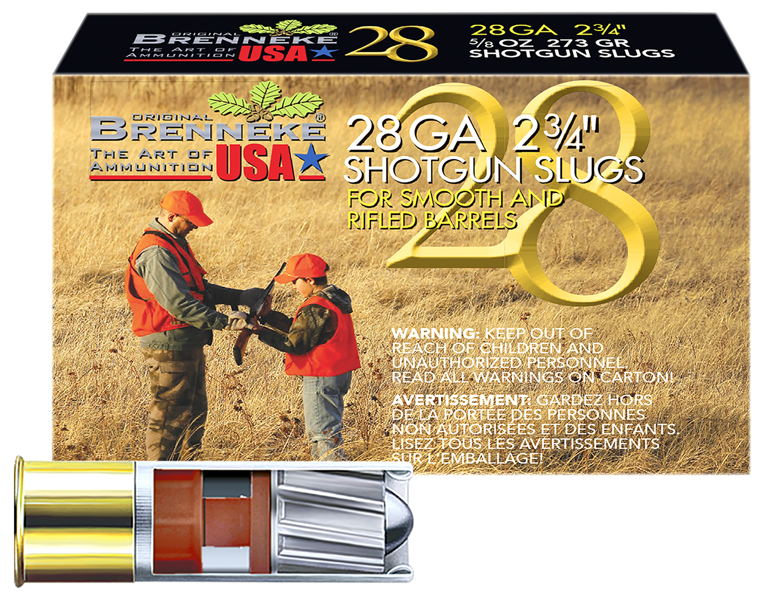 Brenneke SL282BR Brenneke 28 28Gauge 2.75" 5/8oz Slug Shot 5 Per Box/50 Case
