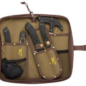 Browning 3220422B Primal Combo Fixed Bone Saw/Caper/Gut Tool/Sharpening Tool/Skinner 8Cr13MoV SS Blade, Black Polymer w/Rubber Overmold Handle, 6 Piece Set, Includes Case/Gloves