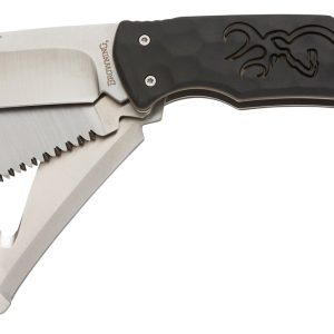 Browning 3220430 Primal Kodiak Slim 3.75" Folding Drop Point/Gut Hook/Saw 8Cr13MoV SS Blade Black Polymer w/Rubber Overmold Handle Includes Nylon Belt Pouch