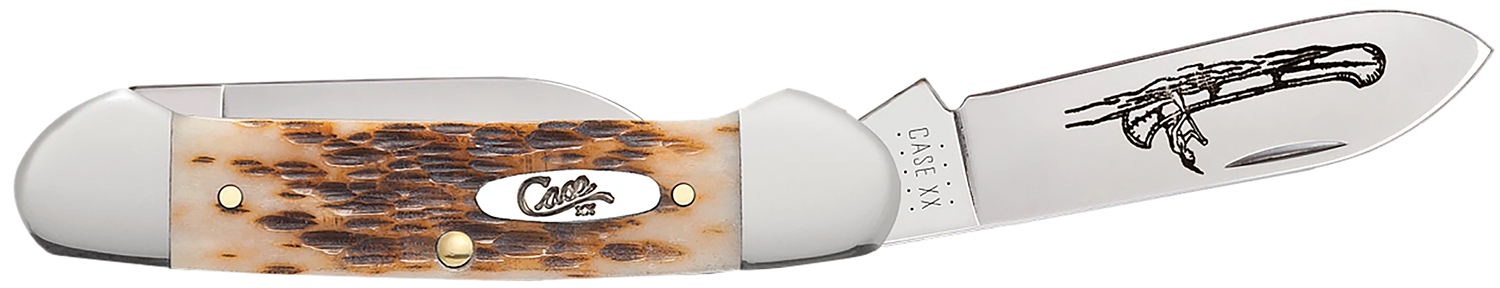 Case 00263 Canoe 2.60"/1.97" Folding Spear/Pen Plain Mirror Polished Chrome Vanadium Steel Blade/Peach Seed Jigged Amber Bone Handle