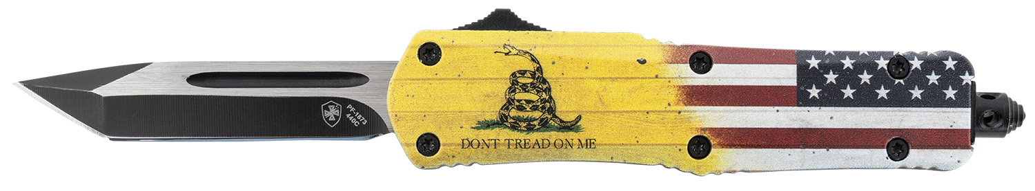 Templar Knife S-DTOM-23-1 Gen II Don't Tread On Me Small 2.69" OTF Plain Black Oxide 440C SS Blade, 4.25" Yellow w/Flag & "Don't Tread On Me" Aluminum Handle, Glass Breaker