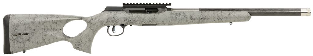 Savage Arms 47253 A Series TimberLite 22LR 10+1 18" Black Threaded Carbon Fiber/SS Barrel, Black Picatinny Rail Steel Receiver, Gray w/Black Webbing Synthetic Fixed Thumbhole Stock