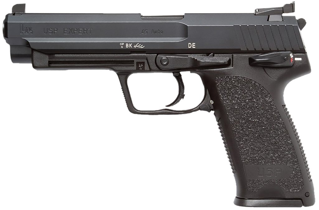 HK 81000365 USP Expert V1 SA/DA 45 ACP Caliber with 5.19" Barrel, 10+1 Capacity, Overall Black Finish, Serrated Trigger Guard Frame, Serrated Long Steel Slide & Polymer Grip Includes 2 Mags