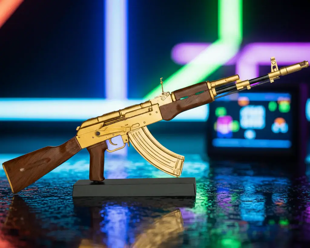 goat guns gold ak47 product image with neon lighted background