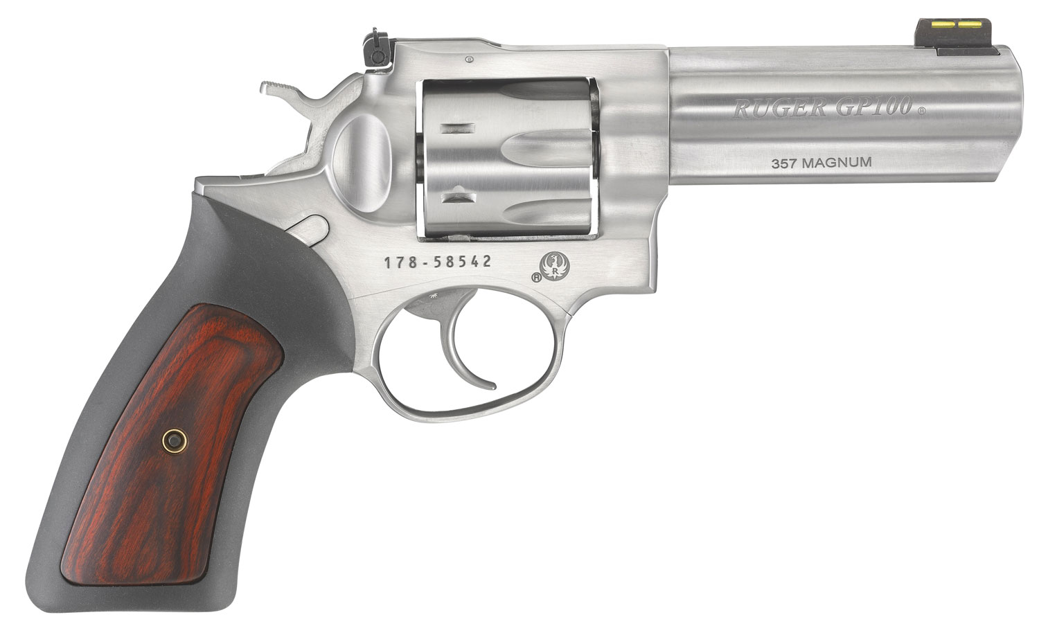 Ruger 1771 GP100 357 Mag 7 Shot, 4.20" Satin Stainless Steel Barrel, Satin Stainless Cylinder, Satin Stainless Steel Frame, Black Rubber w/Wood Insert Grip, Exposed Hammer