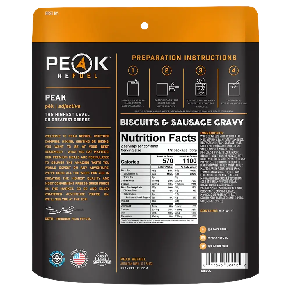 Peak Refuel Biscuits and Gravy Nutrition Facts