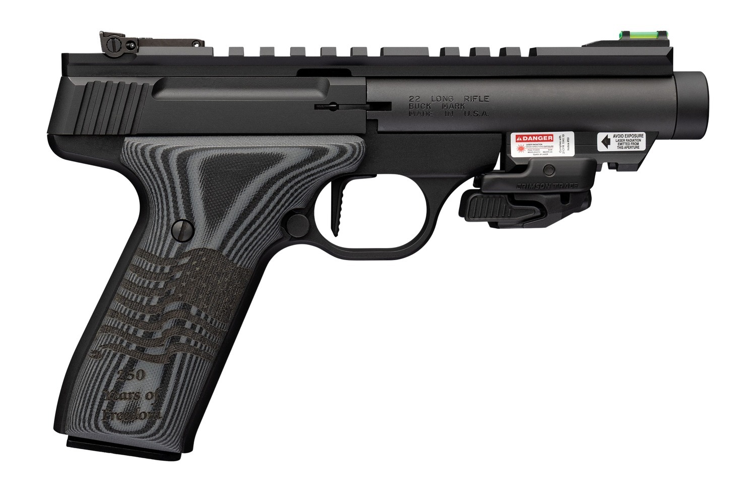 Browning 051612490 Buck Mark Black Label 250 SR 22 LR 10+1 4.40" Matte Black Threaded Bull Barrel, Matte Black Aluminum Frame w/Picatinny Rail Top & Bottom, Black G10 Grip w/ Inscribed Waving Flag, Cr