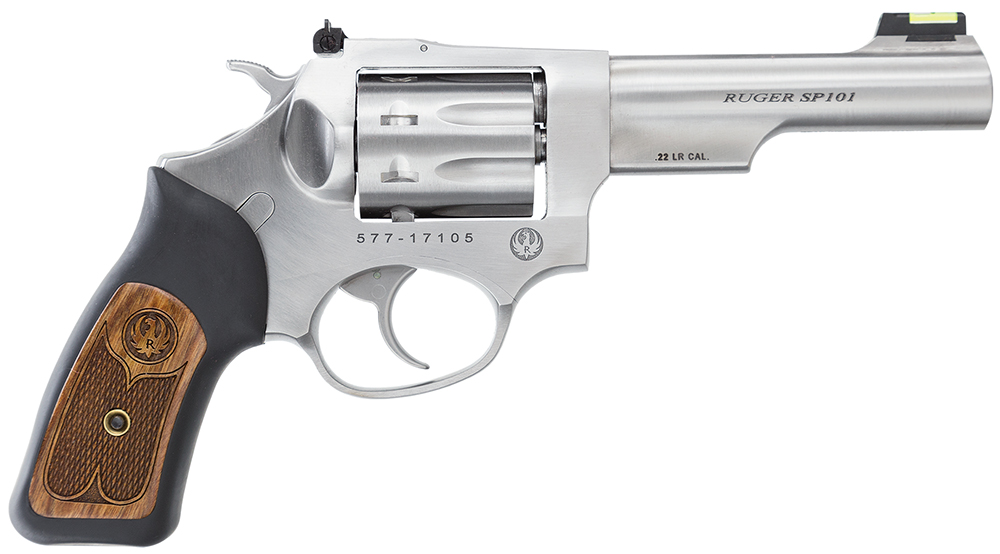 Ruger 5765 SP101 22 LR 8rd 4.20" Satin Stainless Steel Barrel, Cylinder & Frame, Black Rubber w/Wood Insert Grip, Transfer Bar Safety, Exposed Hammer