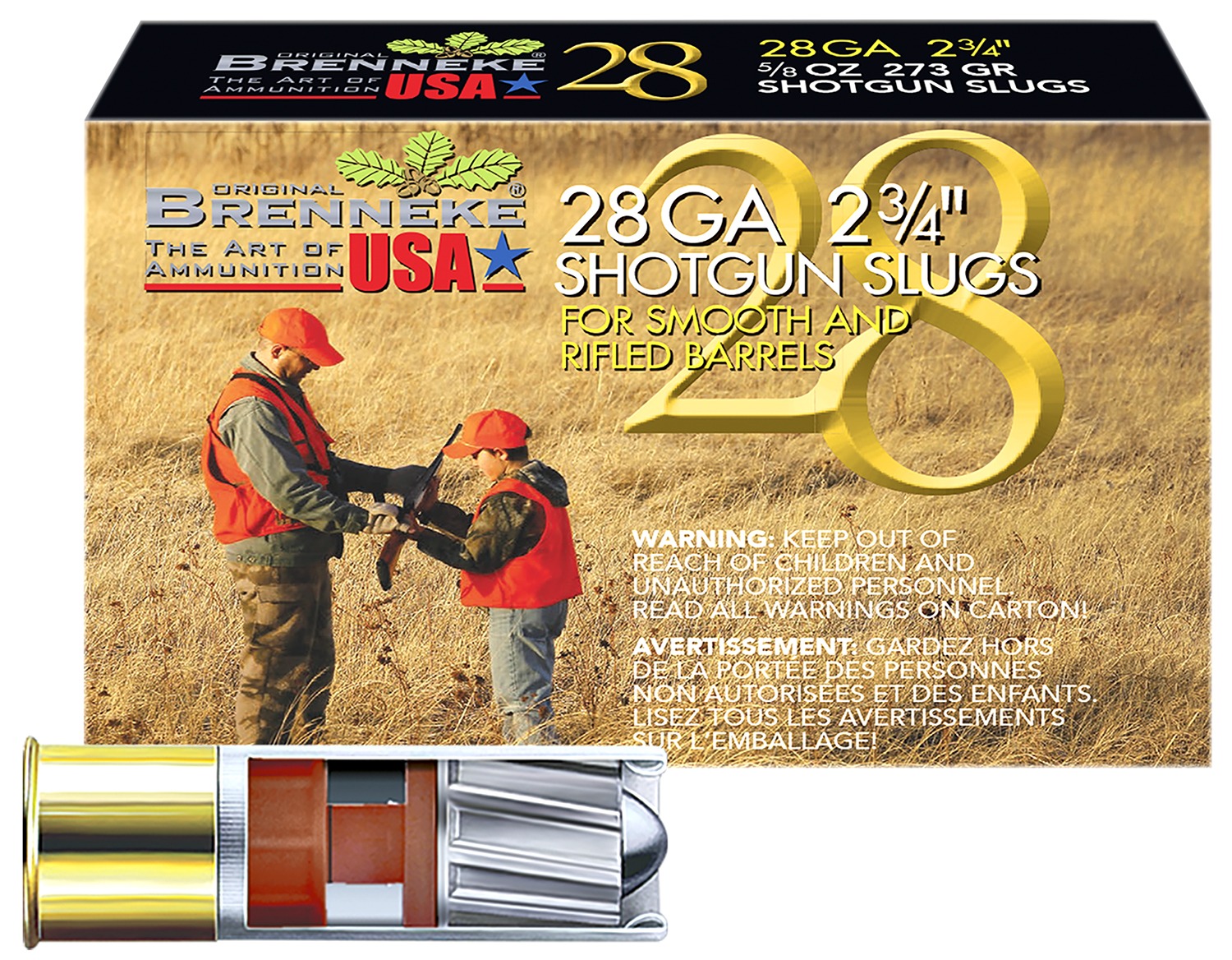 Brenneke SL282BR Brenneke 28 28Gauge 2.75" 5/8oz Slug Shot 5 Per Box/50 Case