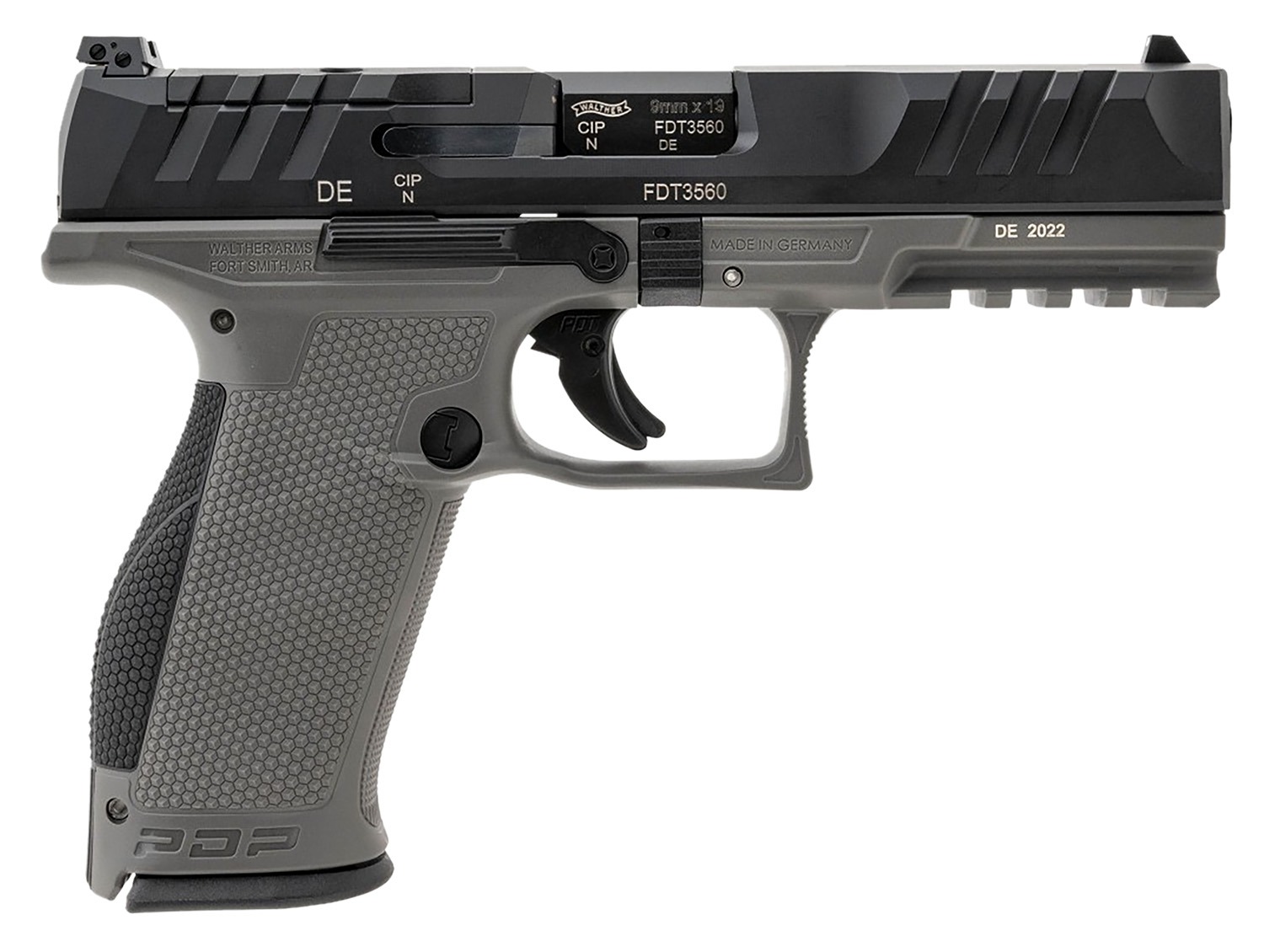 Walther Arms 2858371 PDP 9mm Luger 18+1 4.50" Black Polygonal Rifled Barrel, Black Optic Ready/Serrated Slide, Gray Polymer Frame w/Picatinny Rail, Black Performance Duty Texture Grips, Ambidextrous