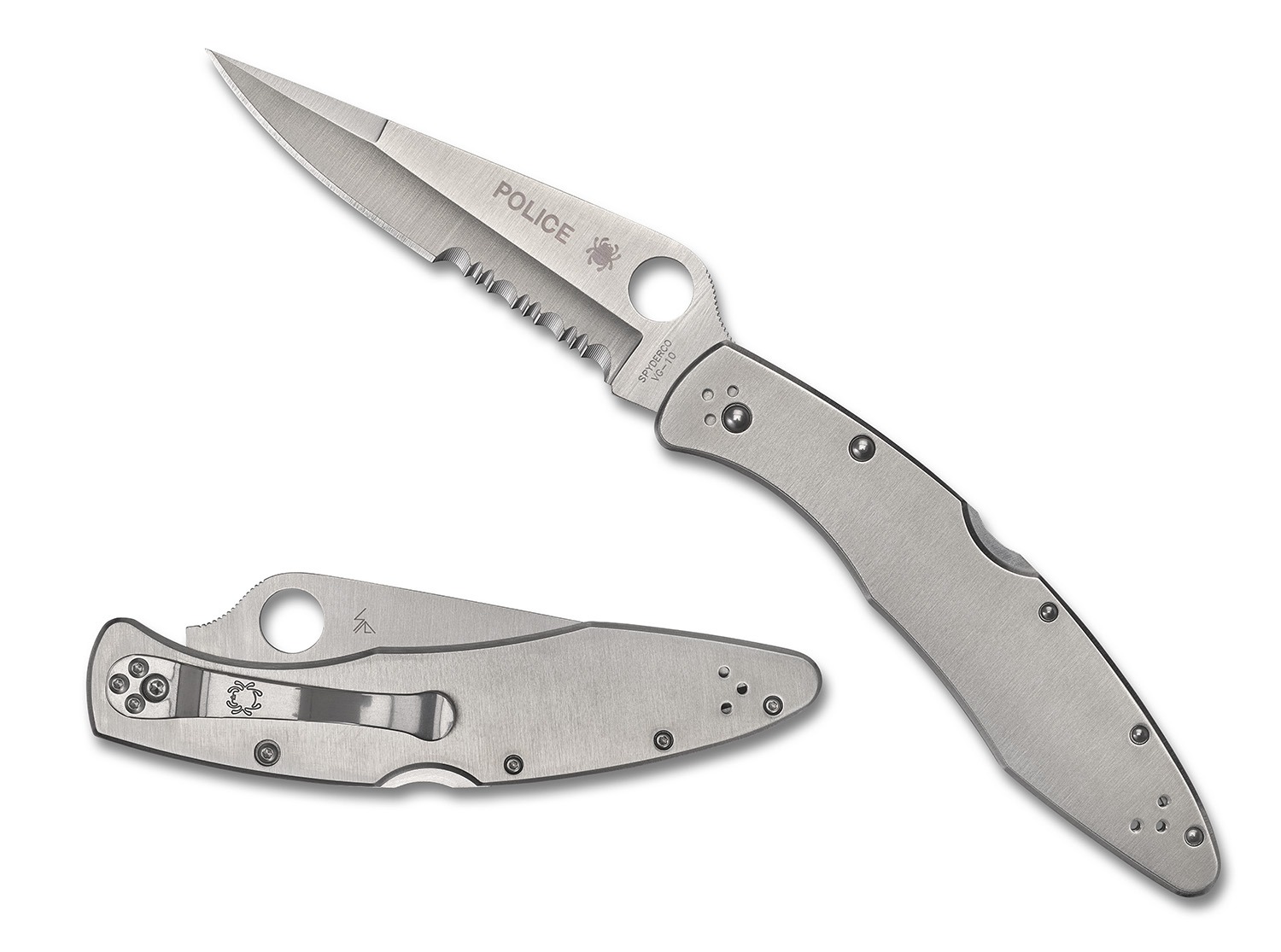 Spyderco C07PS Police 4.13" Folding Plain Satin VG-10 SS Blade/Satin Stainless Steel Handle Includes Pocket Clip