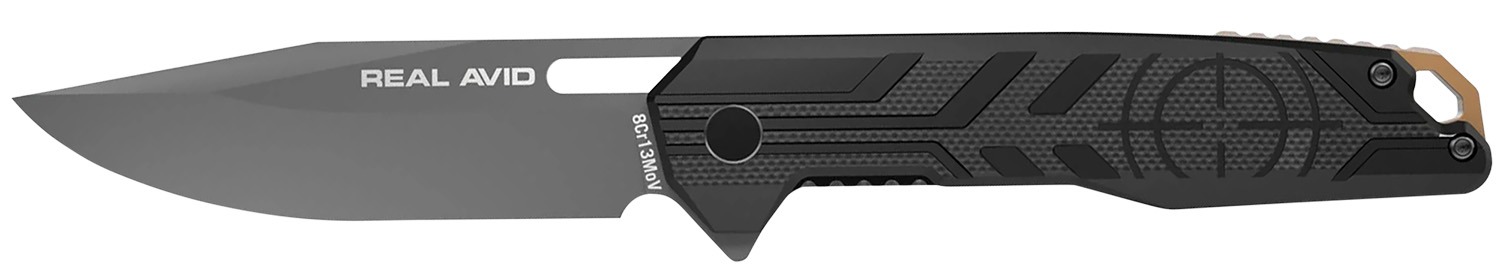 Real Avid AVRAV7 RAV-7 EDC 3.25" Folding Drop Point Plain Titanium 8Cr13MoV SS Blade, Black Textured G10 Handle, Clamshell Pkg