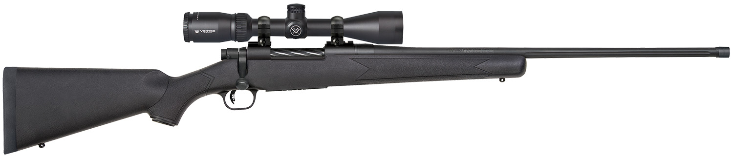 Mossberg 28249 Patriot w/Optic 7mm PRC 3+1 24" Matte Blued Threaded Barrel, Matte Blued Drilled & Tapped Receiver, Fixed Black Synthetic Stock, Vortex Crossfire II 3-9x40mm