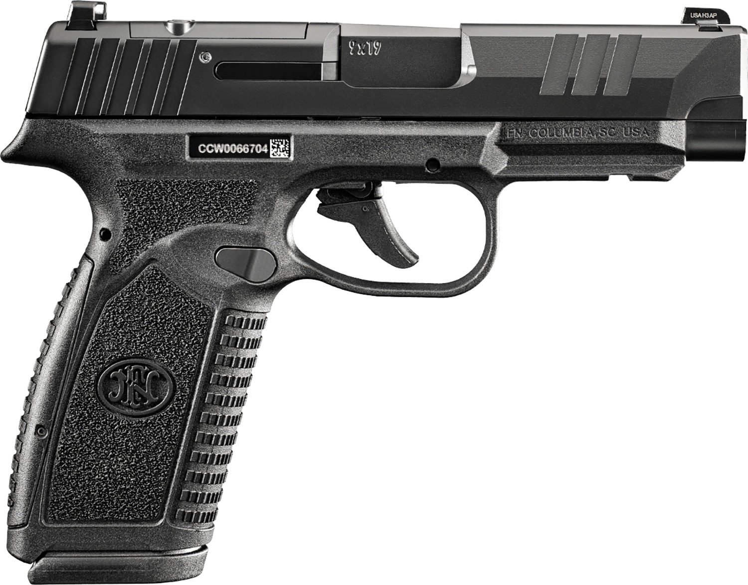 FN 66101759Micro-Compact Frame 9mm Luger 18+1 3.80" Black Target Crown Steel Barrel, Black PVD Optic Cut/Serrated Stainless Steel Slide & Polymer Frame w/Picatinny Rail, Interchangeable Backstrap Grip