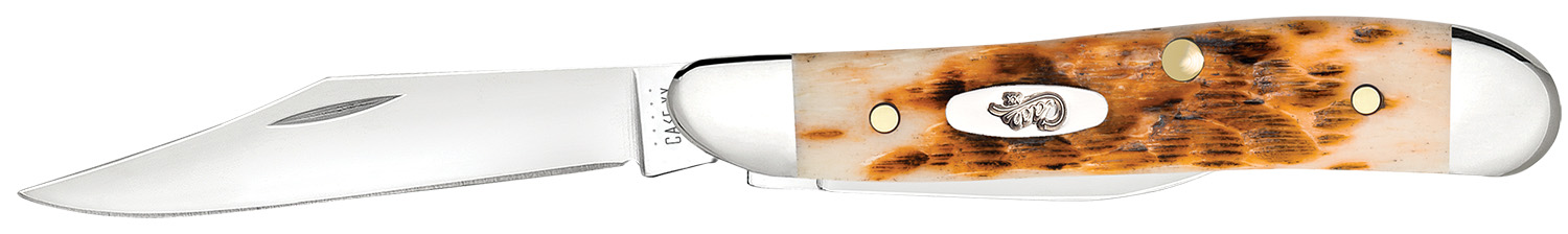 Case 00045 Peanut 2.10"/1.53" Folding Clip Point/Pen Plain Mirror Polished Tru-Sharp SS Blade, Peach Seed Jigged Amber Jigged Bone Handle