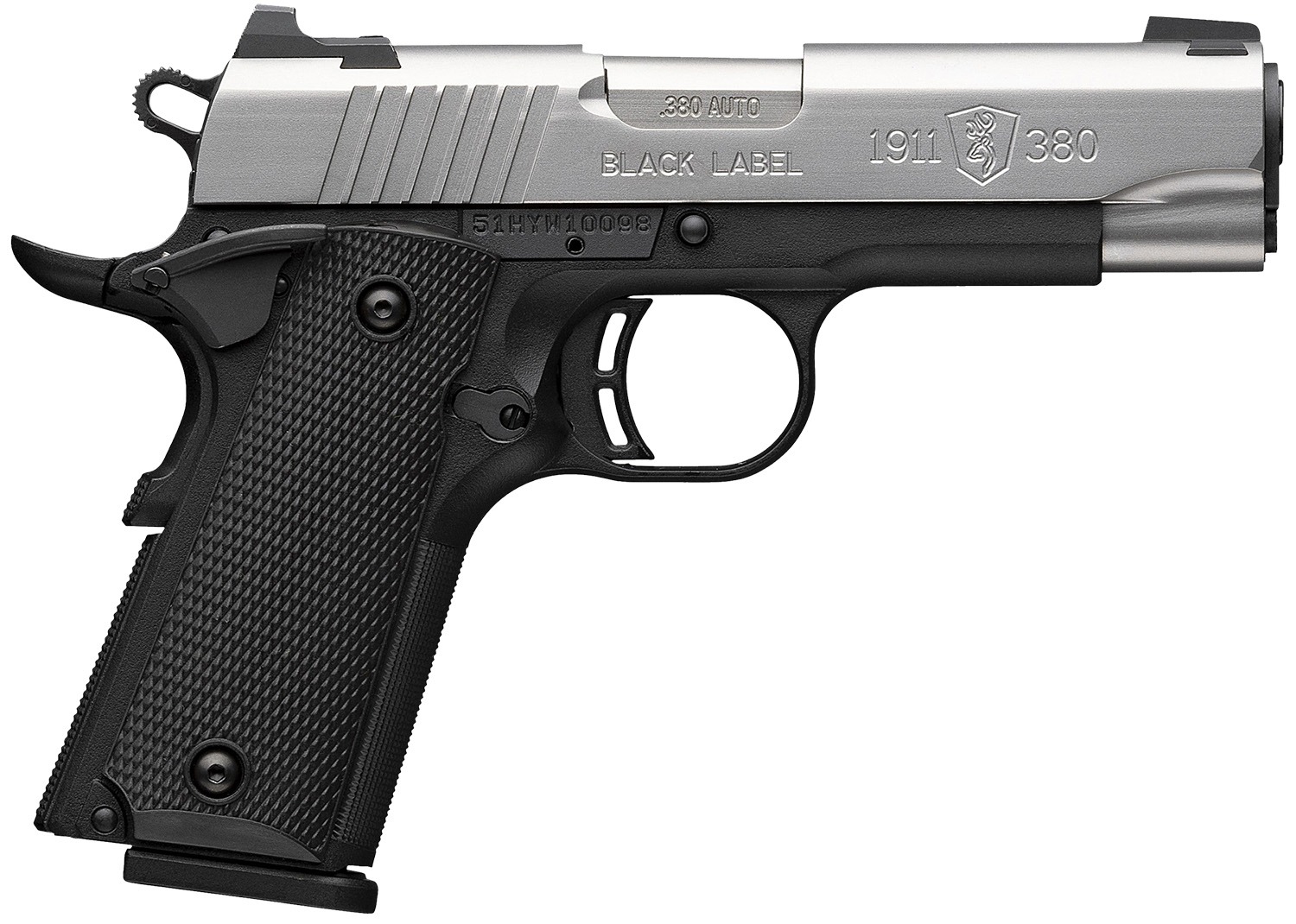 Browning 051119492 1911 Black Label Compact 380 ACP 8+1 3.63" Stainless Steel Barrel, Satin Stainless Steel Serrated Slide, Matte Black Polymer Frame, Black Polymer Grip