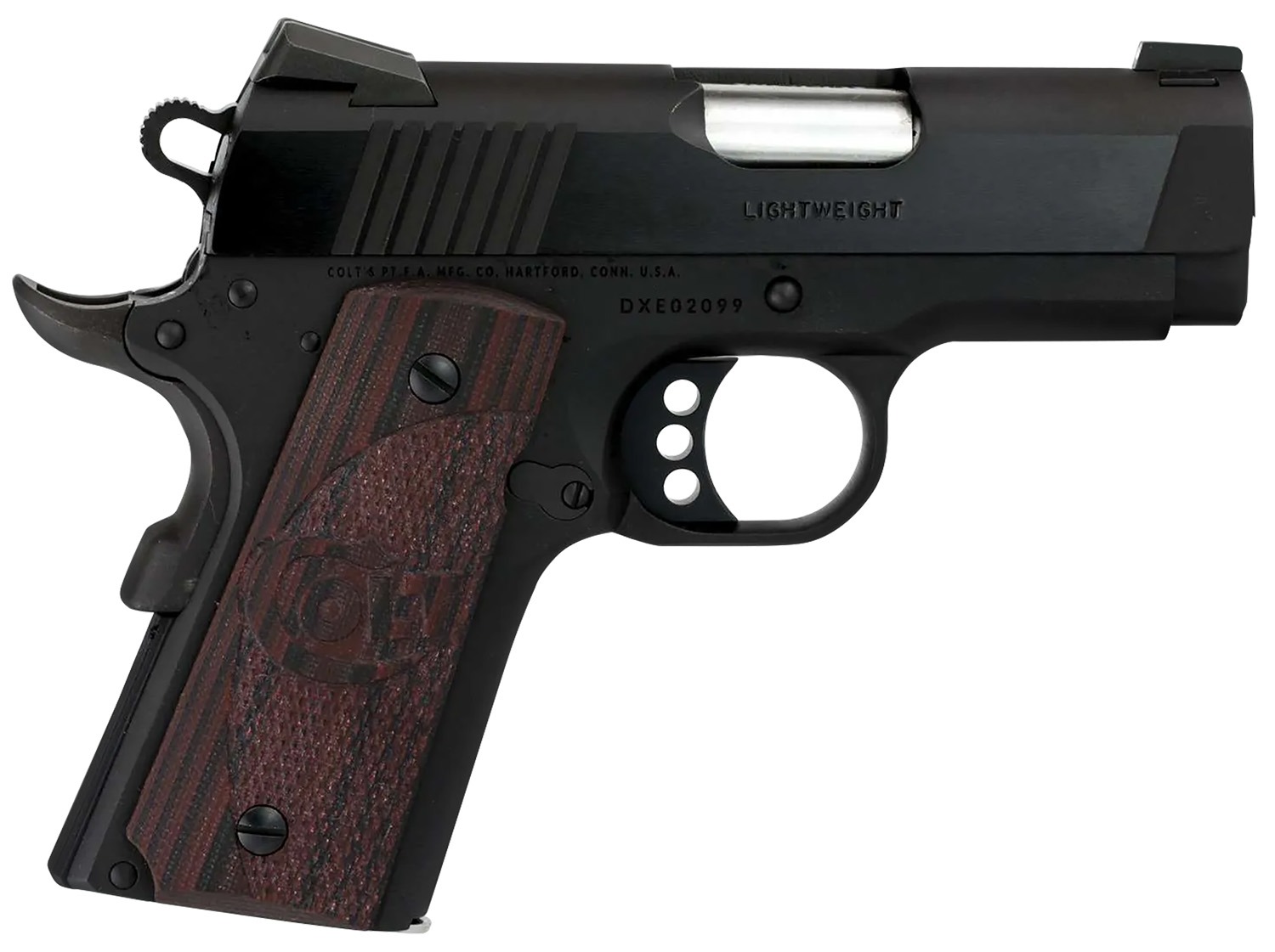Colt Mfg O7800XE Defender Compact 45 ACP 7+1 3" Black Steel Barrel, Blued Serrated Slide, Matte Black Cerakote Aluminum Frame w/Beavertail, Black Cherry Tactical G10 Grips, Ambidextrous