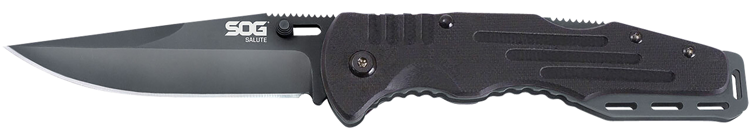 S.O.G SOG-FF11-CP Salute 3.62" Folding Clip Point Plain Black Hardcased 8Cr13MoV SS Blade Black G10 Handle Includes Belt Clip
