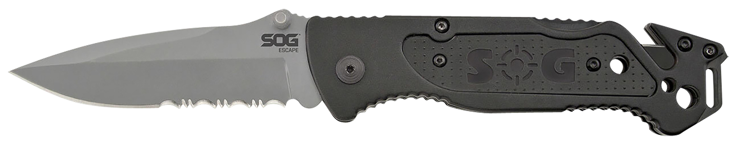 S.O.G SOG-FF24-CP Escape 3.40" Folding Clip Point Part Serrated Bead Blasted 9Cr18MoV SS Blade Black Anodized Aluminum Handle Includes Belt Clip