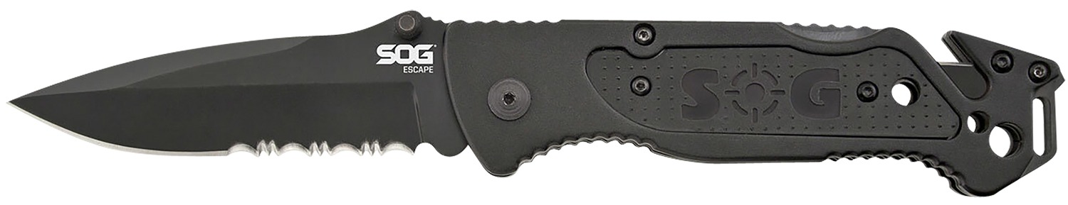 S.O.G SOGFF25CP Escape 3.40" Folding Clip Point Part Serrated Black Hardcased 9Cr18MoV SS Blade Black Anodized Aluminum Handle Includes Belt Clip