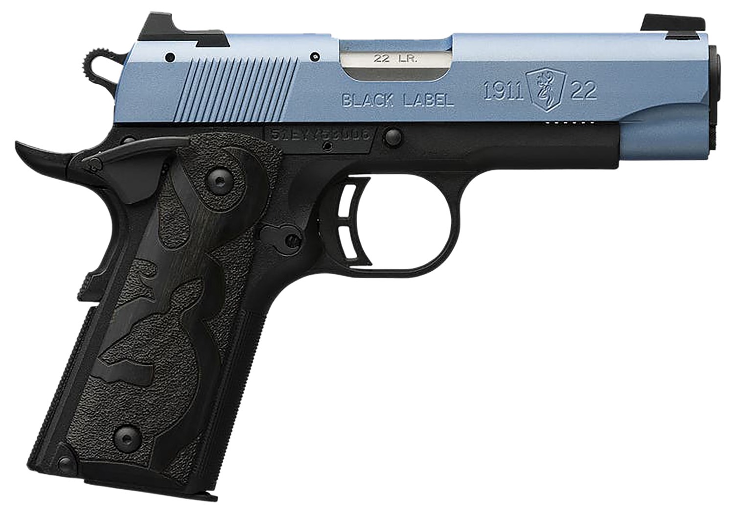 Browning 051898490 1911 Black Label Compact Frame 22 LR 10+1, 3.63" Matte Stainless Steel Barrel, Polar Blue Cerakote Serrated Slide, Matte Black Polymer Frame w/Beavertail, Black Laminate Wood Grip