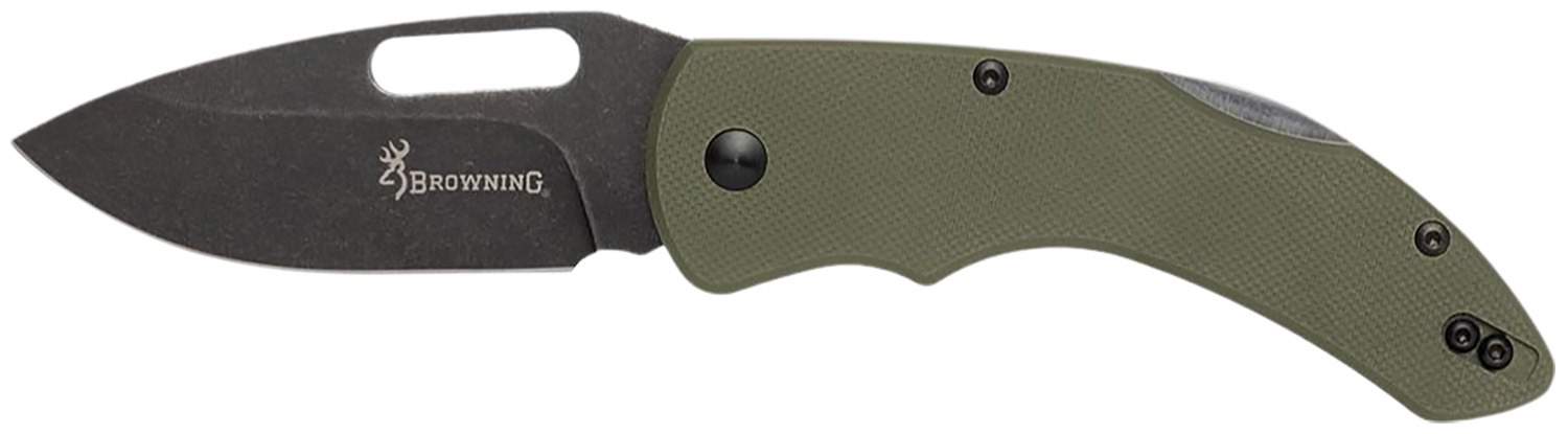 Browning 3220506 Hidden Hollow EDC Large 3" Folding Drop Point Plain Black Oxide Stonewashed D2 Steel Blade, OD Green G10 Handle