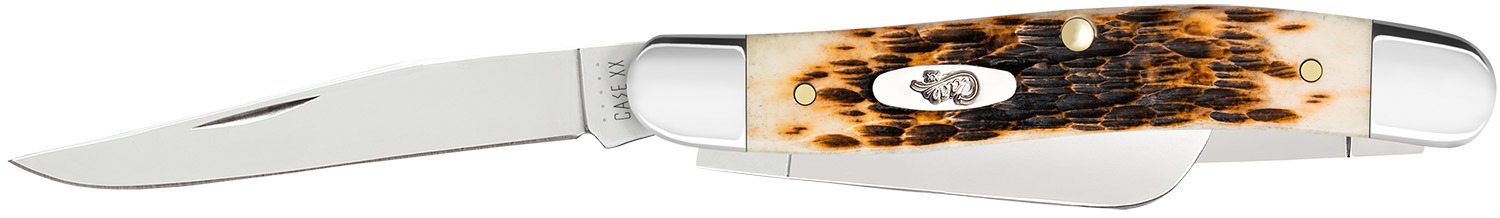 Case 00042 Stockman Medium 2.57"/1.88"/1.71" Folding Clip Point/Sheepsfoot/Spey Plain Mirror Polished Tru-Sharp SS Blade Peach Seed Jigged Amber Bone Handle