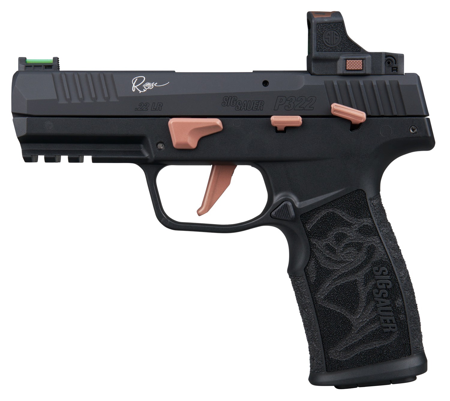 Sig Sauer 322CROSERS P322 Rose w/Optic 22 LR 20+1 4" Black Barrel, Black Anodized Serrated w/Optic Slide, Black Stainless Steel Frame w/Picatinny Rail, Rose Laser Engraved Black Polymer Grip, Sig ROME