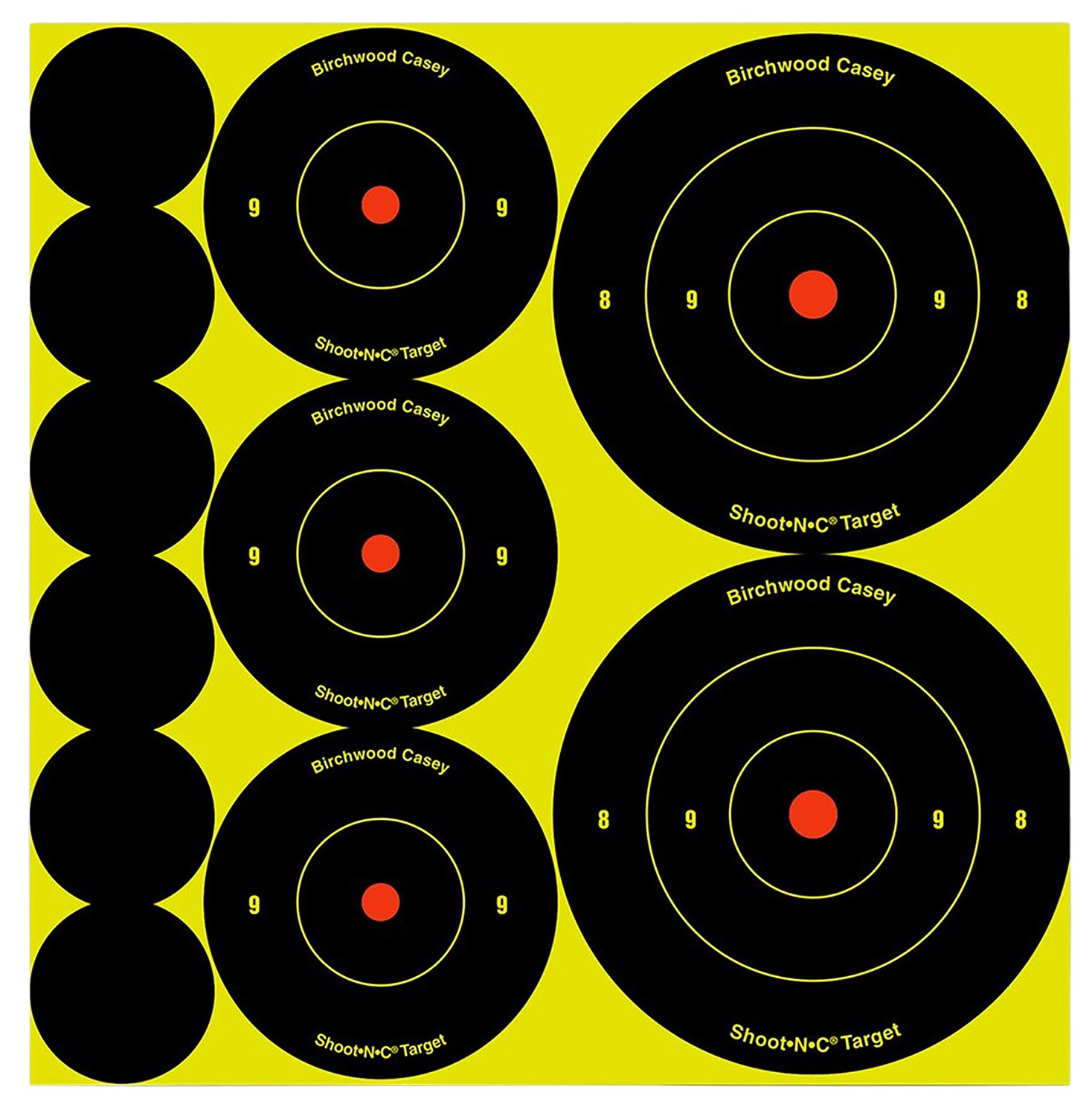 Birchwood Casey 34608 Shoot-N-C Reactive Target Variety Pack Self-Adhesive Paper Black/Yellow Bullseye 132 Pack
