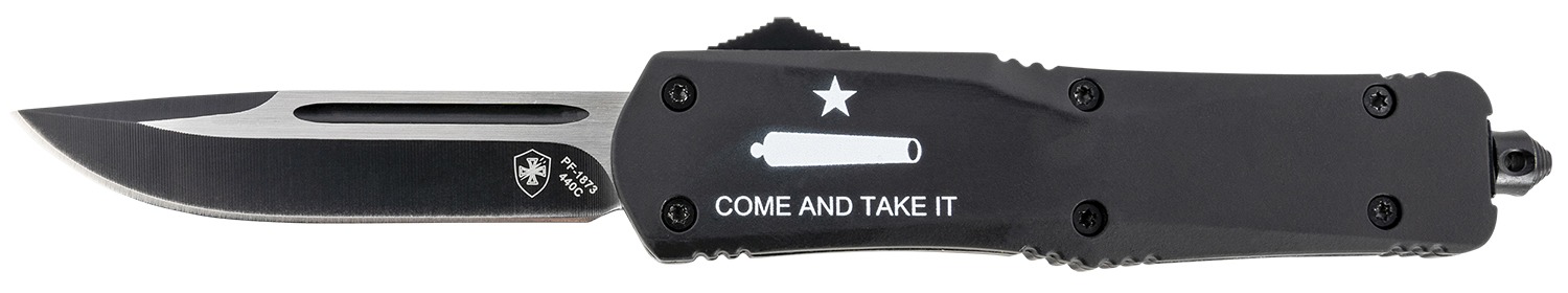 Templar Knife LCATI331 Gen II Come And Take It Large 3.50" OTF Drop Point Plain Black Oxide Stonewashed 440C SS Blade, 5.25" Black "Come And Take It" Aluminum Handle, Glass Breaker