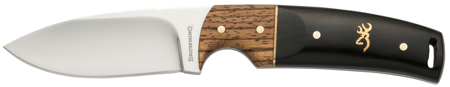 Browning 3220271 Buckmark Hunter EDC 3.13" Fixed Drop Point, Plain Mirror Polished 8Cr14MoV SS Blade, Black/Zebra Finger Grooved w/Brass Accents Hardwood Handle, Includes Sheath