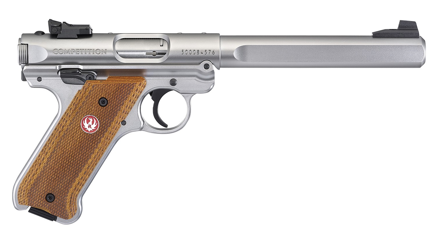 Ruger 40112 Mark IV Competition 22 LR 10+1 6.88" Satin Stainless Slab-Sided Bull Barrel, Satin Stainless Steel/Optic Ready Slide, Checkered Laminate w/Thumbrest Grip