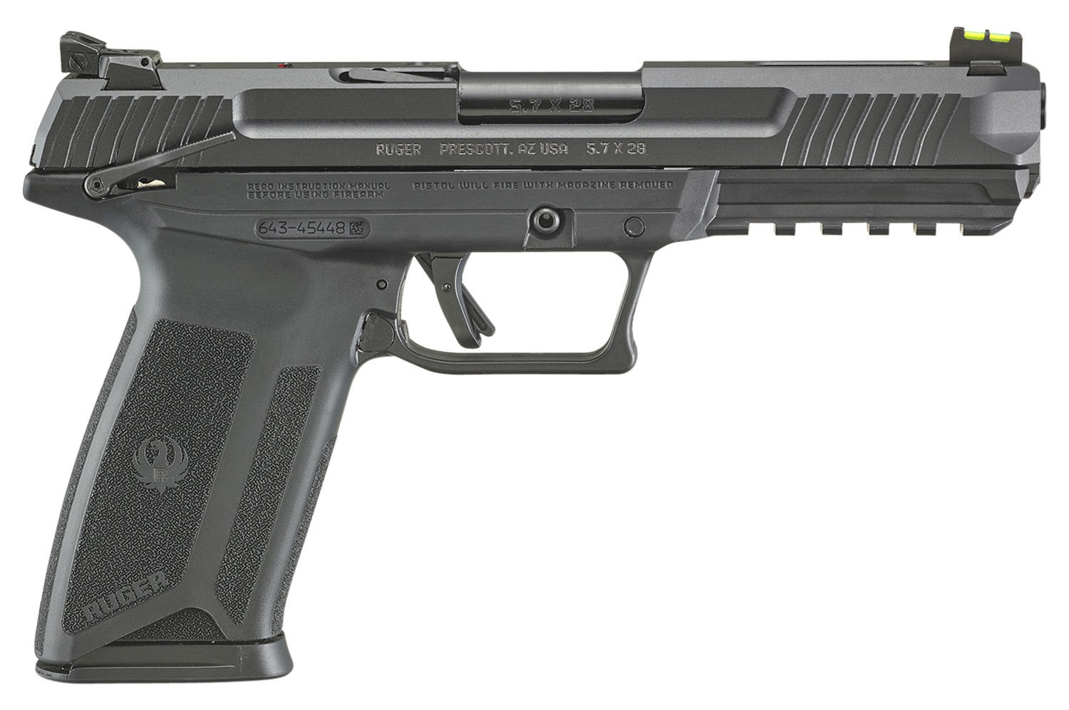 Ruger 16402 Ruger-5.7 5.7x28mm 4.94" Barrel 10+1, Black Polymer Frame With Picatinny Acc. Rail, Drilled & Tapped Lightening Cut Steel Slide, Ambidextrous Safety, Optics Ready