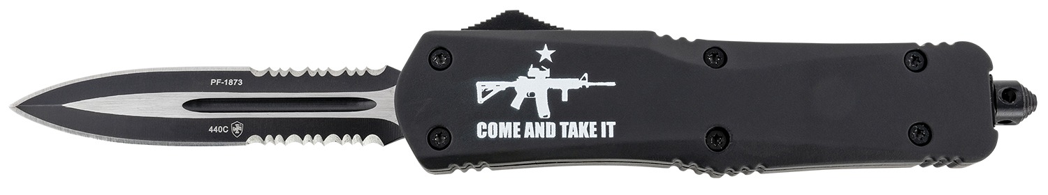 Templar Knife LAR15431 Gen II Come And Take It Large 3.50" OTF Dagger Part Serrated Black Oxide Stonewashed 440C SS Blade, 5.25" Black w/ "Come And Take It" AR-15 Gun Aluminum Handle, Glass Breaker