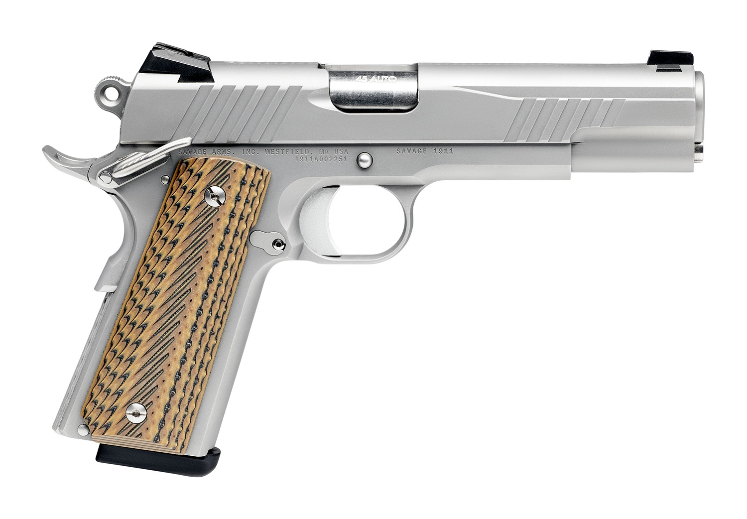Savage Arms 67202 1911 Government 45 ACP 8+1 5" Stainless Steel Target Crown Barrel, Stainless Steel Serrated Slide, Matte Stainless Steel Frame w/Beavertail, Ambidextrous