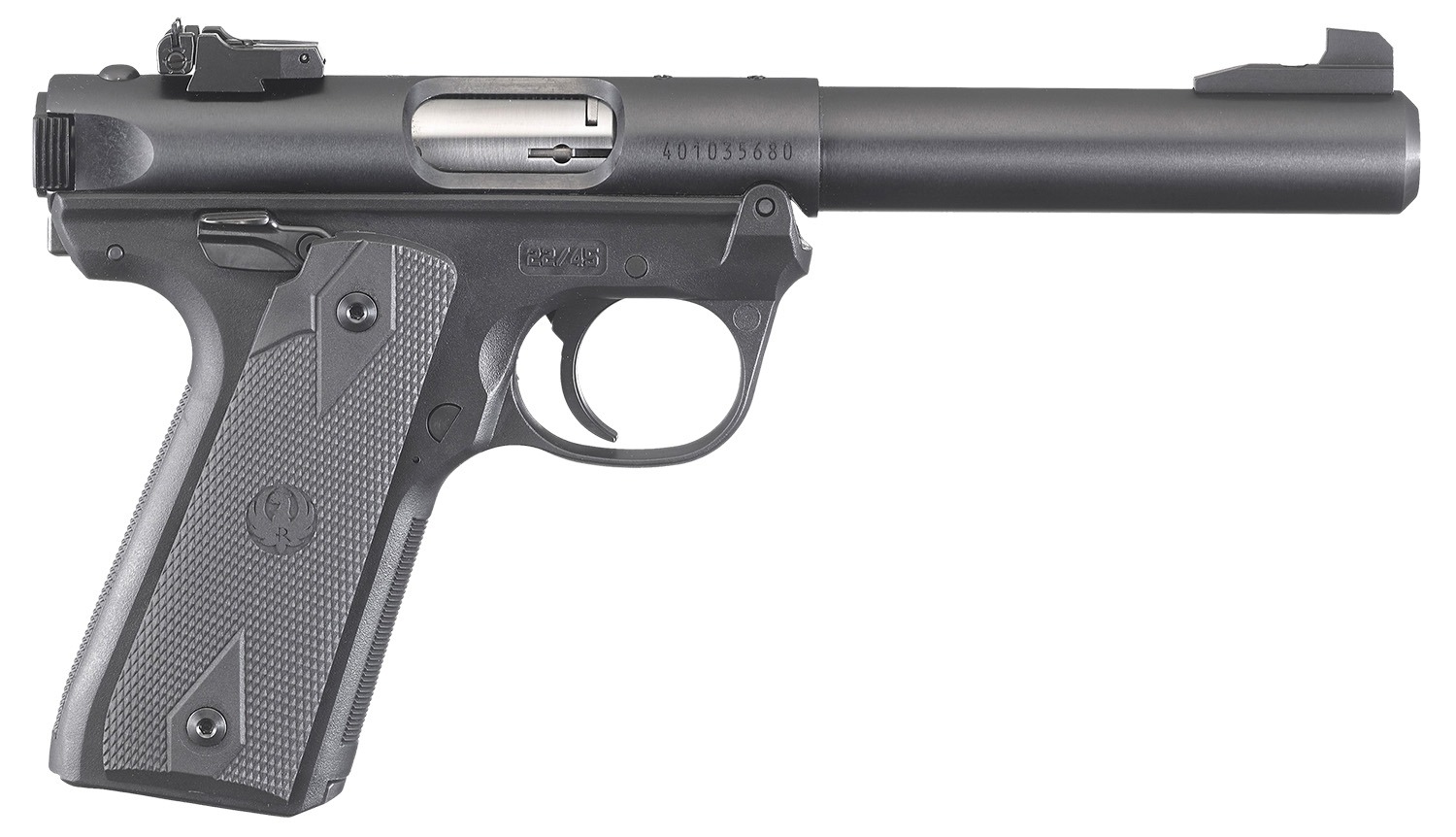 Ruger Mark IV 22/45 22 LR 10+1, 5.50" Stainless Bull Barrel, Blued Drilled & Tapped Steel Receiver & Polymer Frame, Black Checkered Polymer Grip Ambidextrous