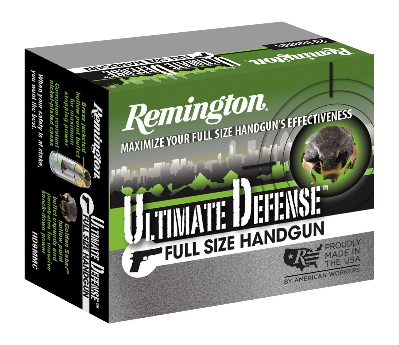 Remington Ammunition 28971 Ultimate Defense Full Size Handgun 45ACP 185gr Brass Jacketed Hollow Point 20 Per Box/25 Case